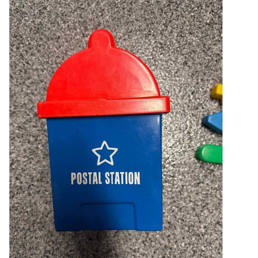 Vintage Playskool Postal Station Shape Sorter Toy Red Blue Mailbox with 5 Shapes